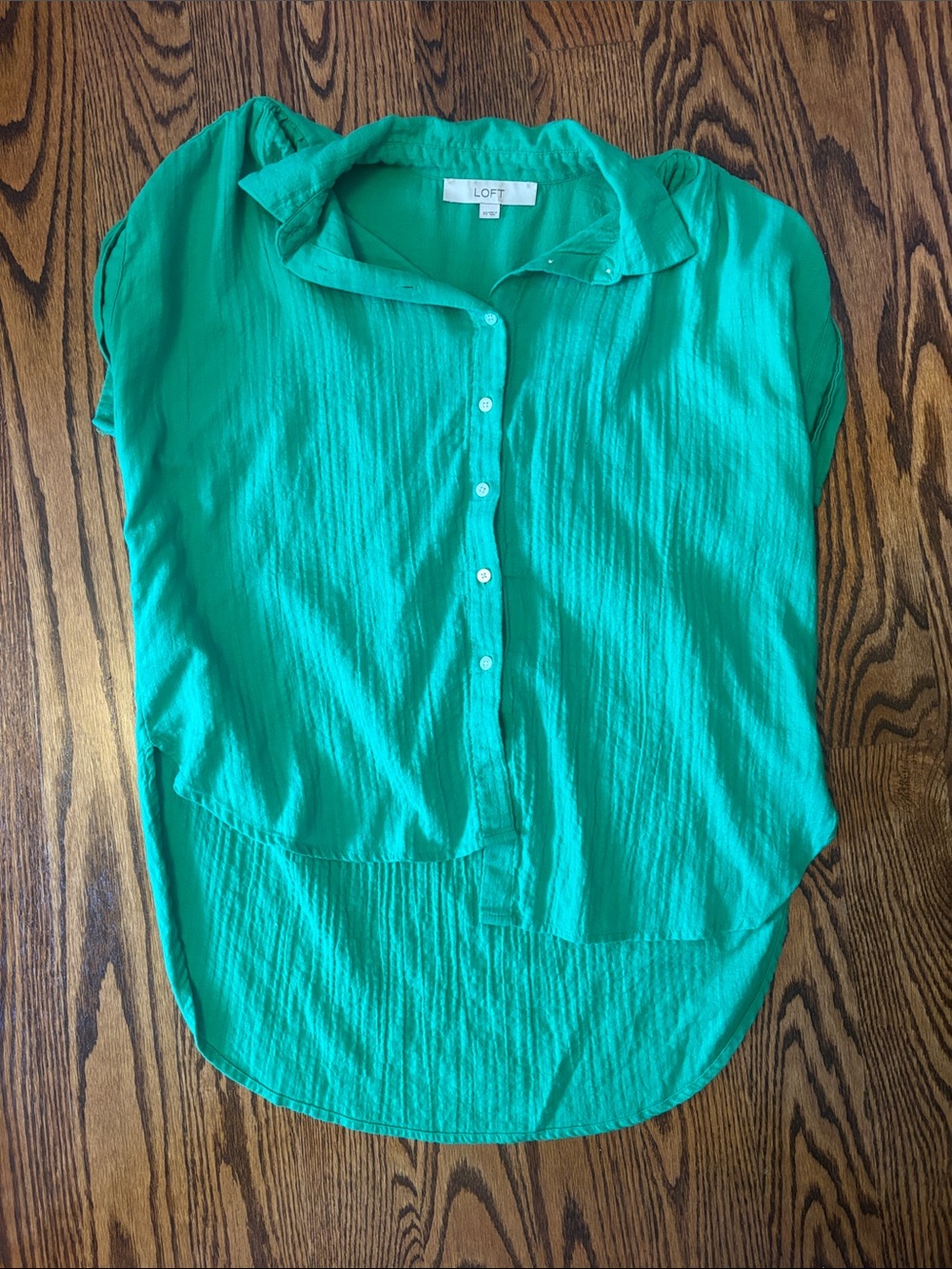 LOFT Kelly Green Crepe Short-Sleeve Button-Down Blouse